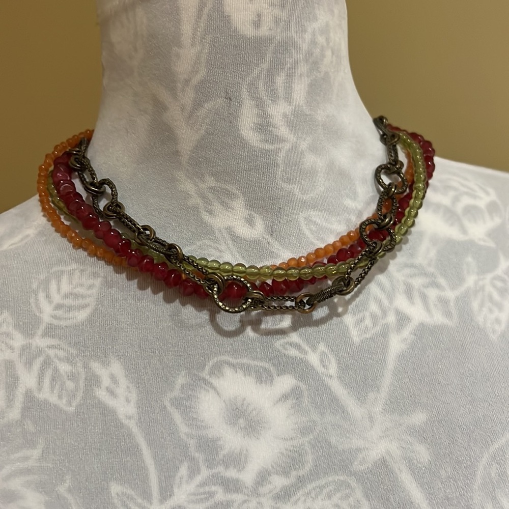 Multi Strand Fall warm colors red, green, brass & orange